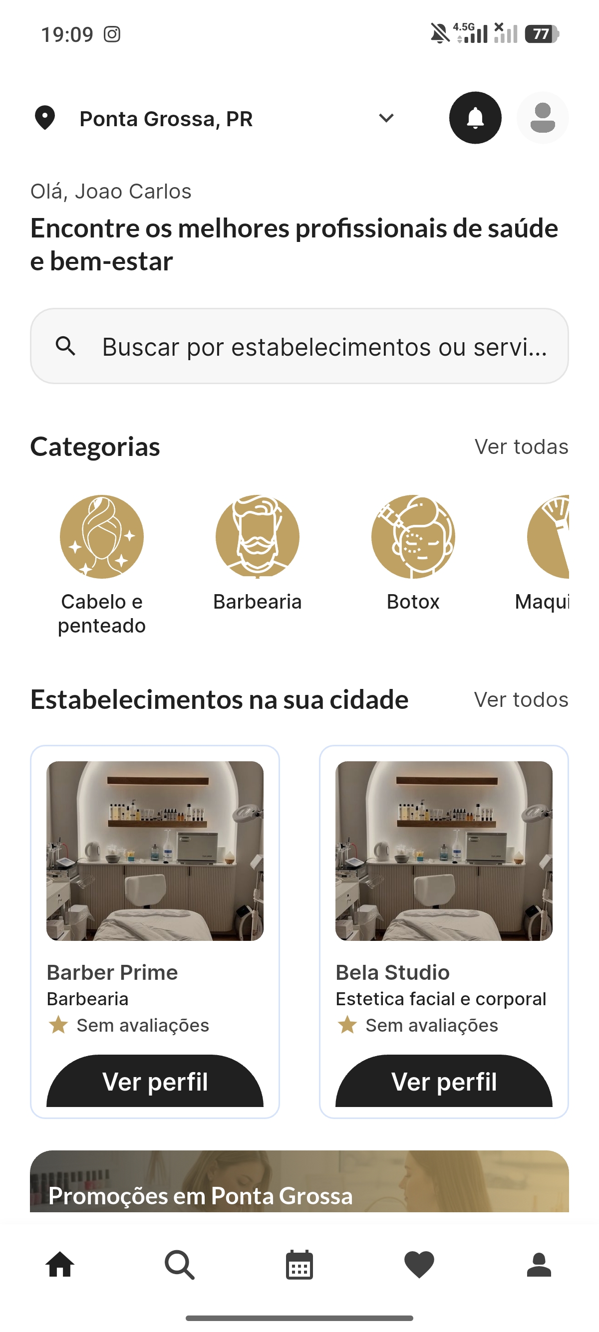 Tela demonstrativa do app com categorias de serviços e estabelecimentos